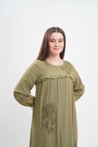 Aplikeli Tesettür Elbise Haki - 40-48