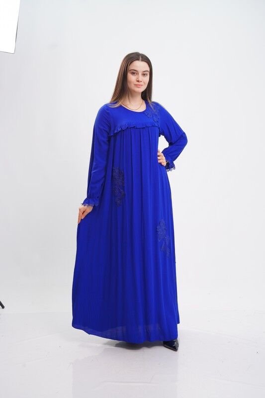 Aplikeli Tesettür Elbise Saks - 40-48