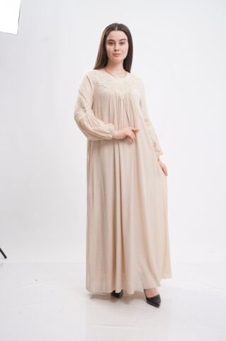 Dantel Aplike Detaylı Elbise Bej - 40-48