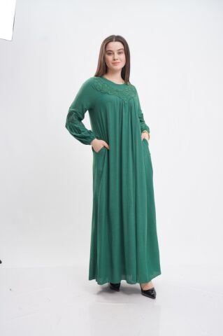 Dantel Aplike Detaylı Elbise Yeşil - 40-48