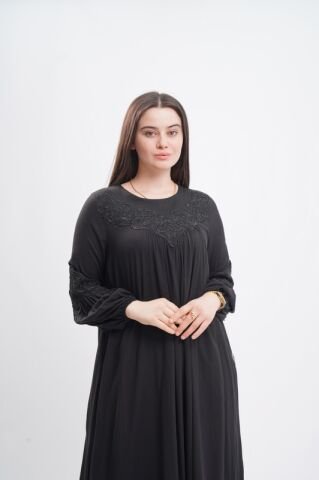 Dantel Aplike Detaylı Elbise Siyah - 40-48