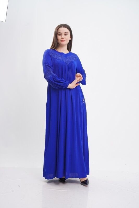 Dantel Aplike Detaylı Elbise Saks - 40-48