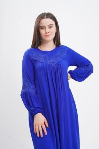 Dantel Aplike Detaylı Elbise Saks - 40-48