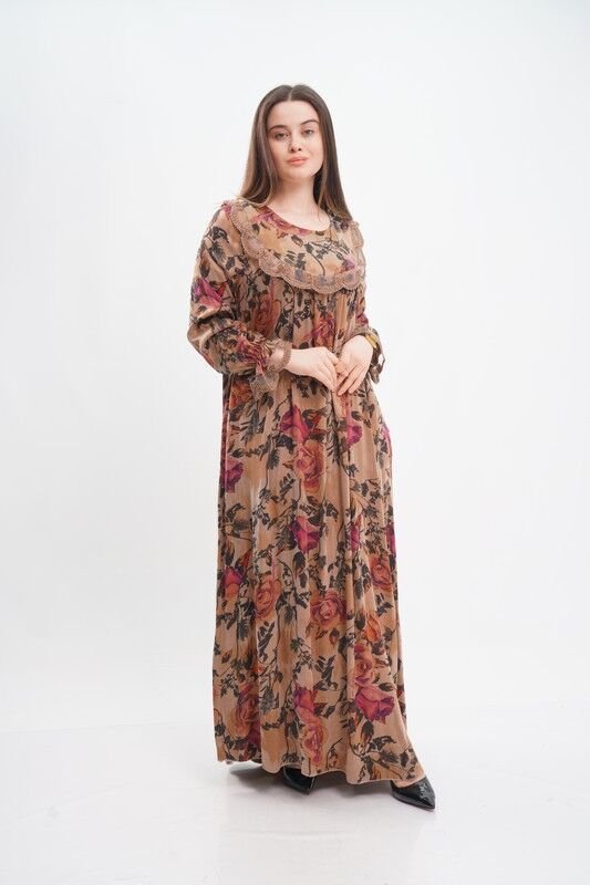 Robalı Tesettür Elbise Bej - 40-48