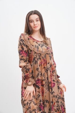 Robalı Tesettür Elbise Bej - 40-48