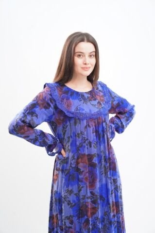 Robalı Tesettür Elbise Saks - 40-48