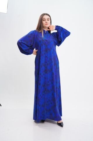 V Robalı Tesettür Elbise Saks - 40-48