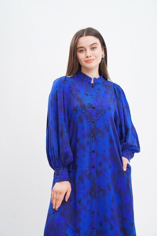 V Robalı Tesettür Elbise Saks - 40-48