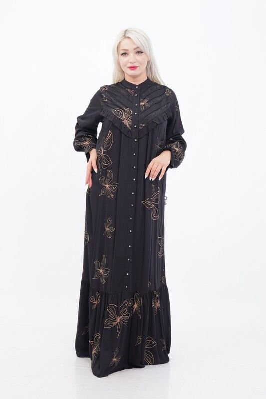 Empirme Viskon Tesettür Elbise Siyah Bej - 40-48