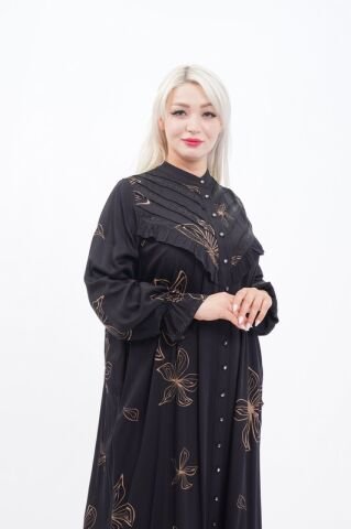 Empirme Viskon Tesettür Elbise Siyah Bej - 40-48