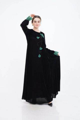 El Yapımı Süslemeli Aplike Elbise Siyah Yeşil - 40-48