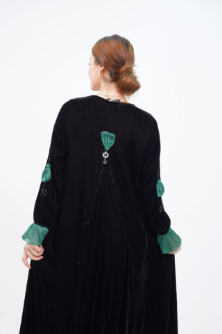 El Yapımı Süslemeli Aplike Elbise Siyah Yeşil - 40-48