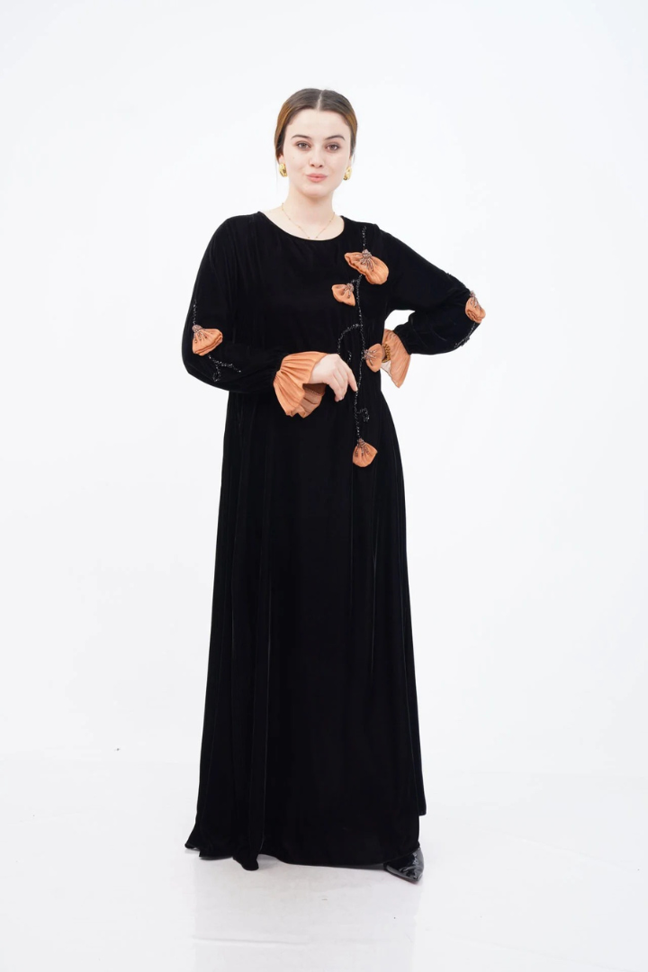 El Yapımı Süslemeli Aplike Elbise Siyah Camel - 40-48
