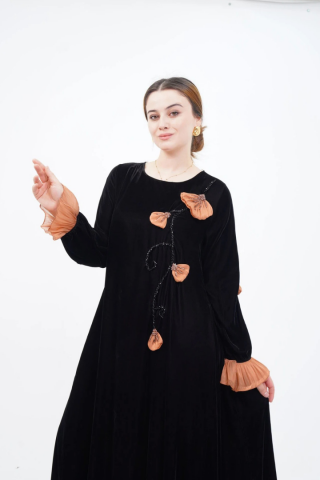 El Yapımı Süslemeli Aplike Elbise Siyah Camel - 40-48