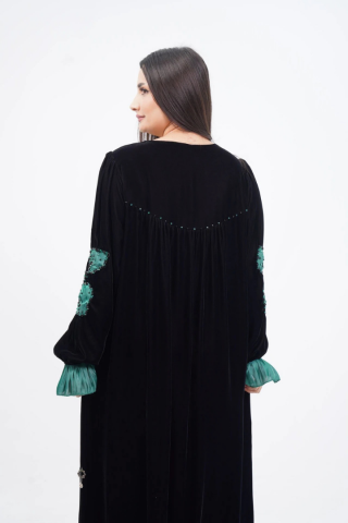 El Yapımı Aplike Elbise Siyah Yeşil - 40-48