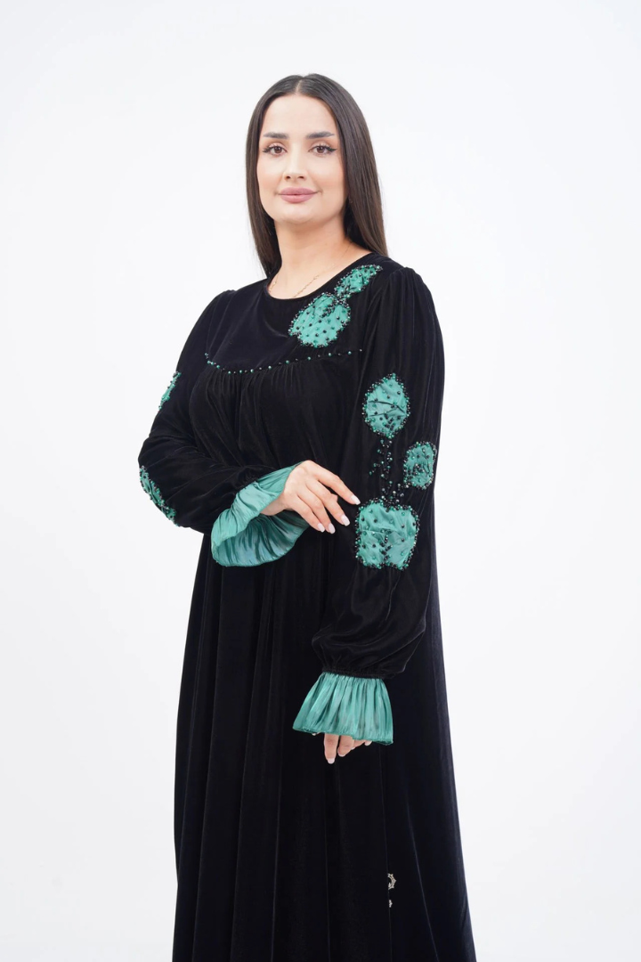 El Yapımı Aplike Elbise Siyah Yeşil - 40-48