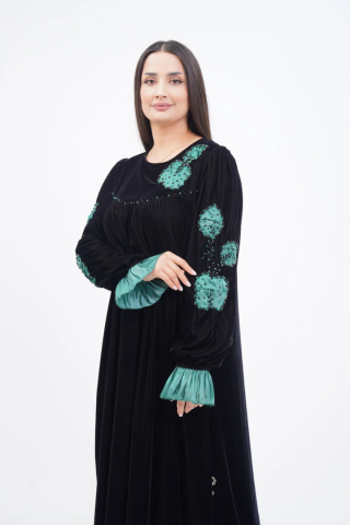 El Yapımı Aplike Elbise Siyah Yeşil - 40-48