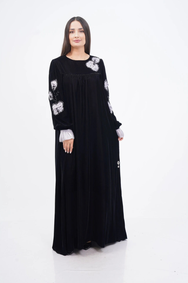 El Yapımı Aplike Elbise Siyah Gri - 40-48