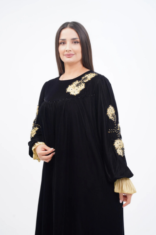 El Yapımı Aplike Elbise Siyah Sarı - 40-48