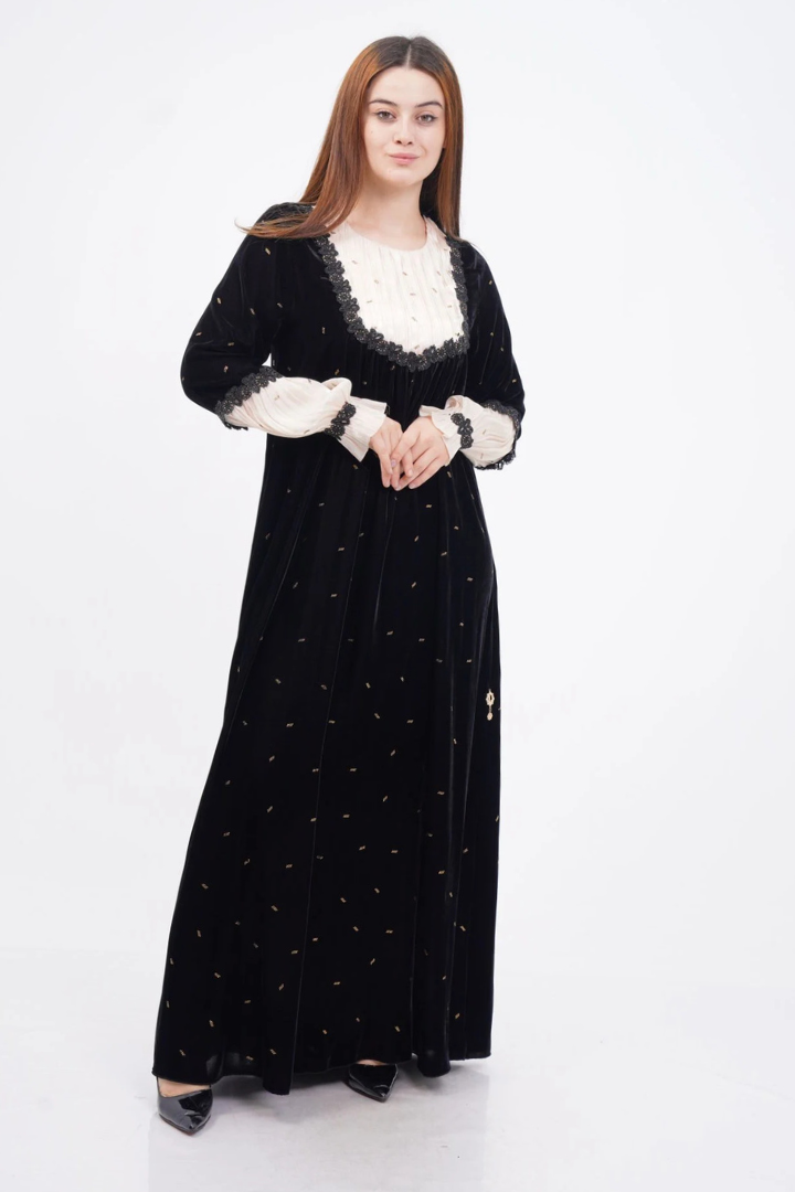 Drapeli Şerit Dantel Elbise Siyah Bej - 40-48