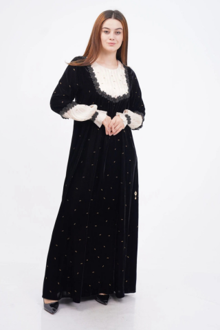 Drapeli Şerit Dantel Elbise Siyah Bej - 40-48