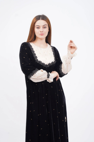 Drapeli Şerit Dantel Elbise Siyah Bej - 40-48