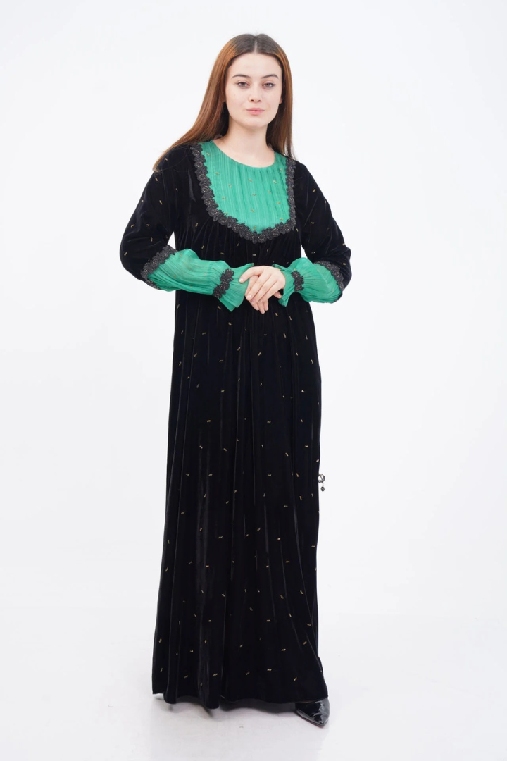 Drapeli Şerit Dantel Elbise Siyah Yeşil - 40-48