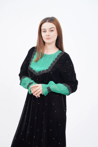 Drapeli Şerit Dantel Elbise Siyah Yeşil - 40-48