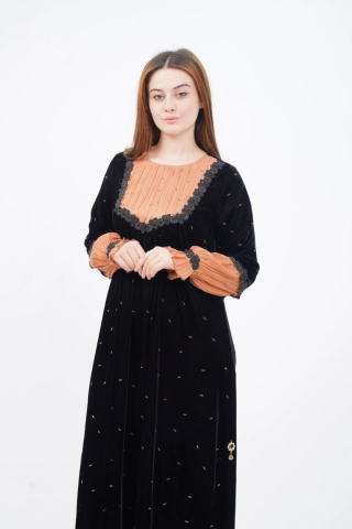 Drapeli Şerit Dantel Elbise Siyah Camel - 40-48