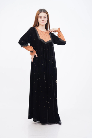 Drapeli Şerit Dantel Elbise Siyah Camel - 40-48