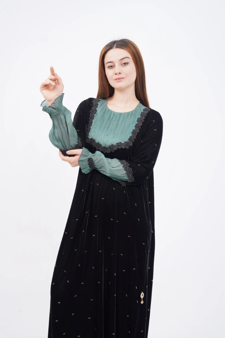 Drapeli Şerit Dantel Elbise Siyah Haki - 40-48