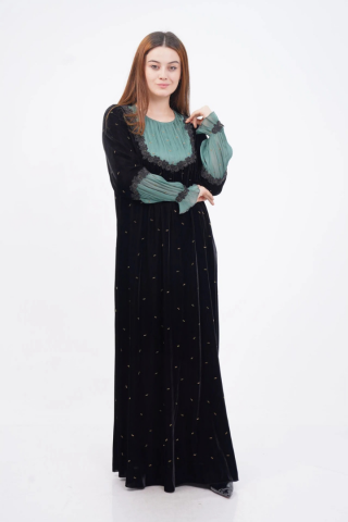 Drapeli Şerit Dantel Elbise Siyah Haki - 40-48