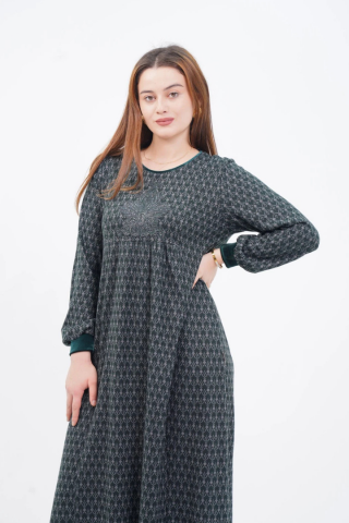 Kadife Kombin Aplikeli Elbise Yeşil - 40-48