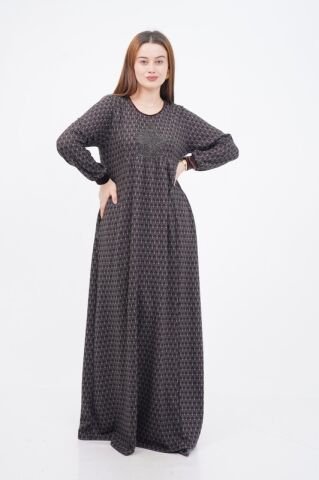 Kadife Kombin Aplikeli Elbise Kahve - 40-48