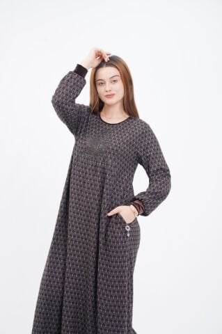 Kadife Kombin Aplikeli Elbise Kahve - 40-48