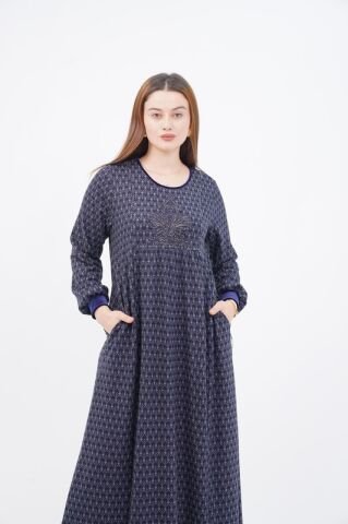 Kadife Kombin Aplikeli Elbise Saks - 40-48