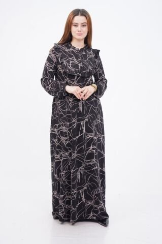 Robalı Desen Elbise Siyah Bej - 40-48