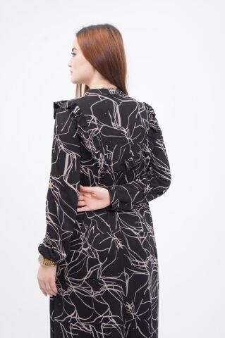 Robalı Desen Elbise Siyah Bej - 40-48