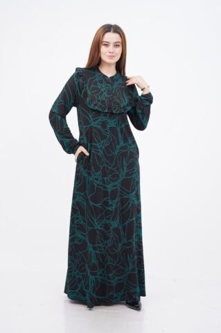 Robalı Desen Elbise Siyah Yeşil - 40-48