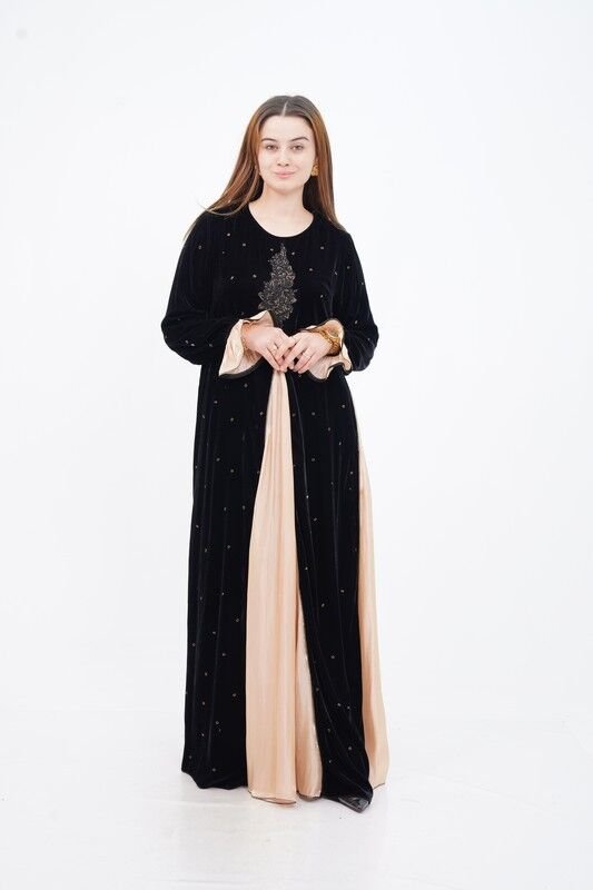 Varak Baskılı Godeli Kadife Elbise Siyah Bej - 40-48