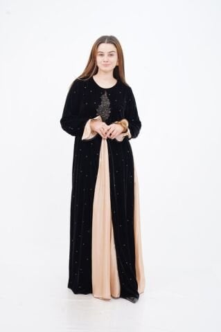 Varak Baskılı Godeli Kadife Elbise Siyah Bej - 40-48