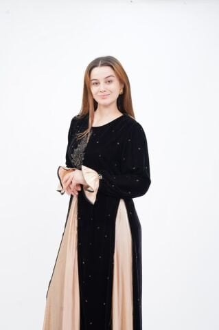 Varak Baskılı Godeli Kadife Elbise Siyah Bej - 40-48