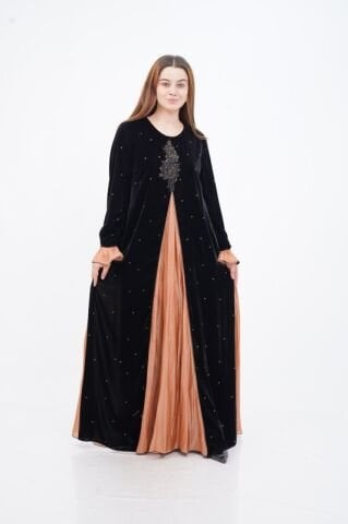 Varak Baskılı Godeli Kadife Elbise Siyah Camel - 40-48