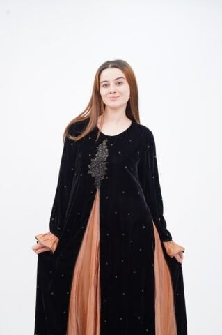 Varak Baskılı Godeli Kadife Elbise Siyah Camel - 40-48