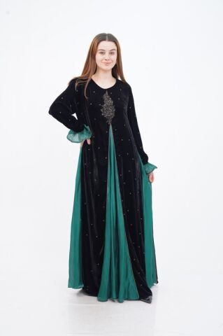 Varak Baskılı Godeli Kadife Elbise Siyah Yeşil - 40-48