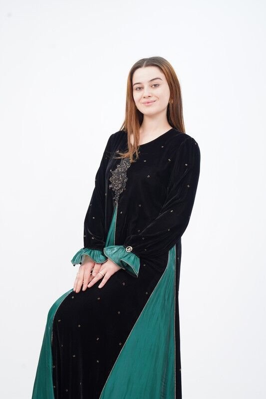 Varak Baskılı Godeli Kadife Elbise Siyah Yeşil - 40-48