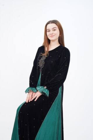 Varak Baskılı Godeli Kadife Elbise Siyah Yeşil - 40-48