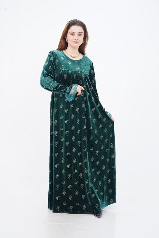 Çiçek Aplikeli Varak Baskı Elbise Zümrüt - 40-48
