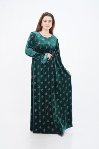 Çiçek Aplikeli Varak Baskı Elbise Zümrüt - 40-48