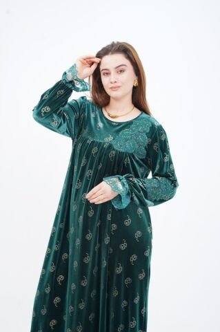 Çiçek Aplikeli Varak Baskı Elbise Zümrüt - 40-48